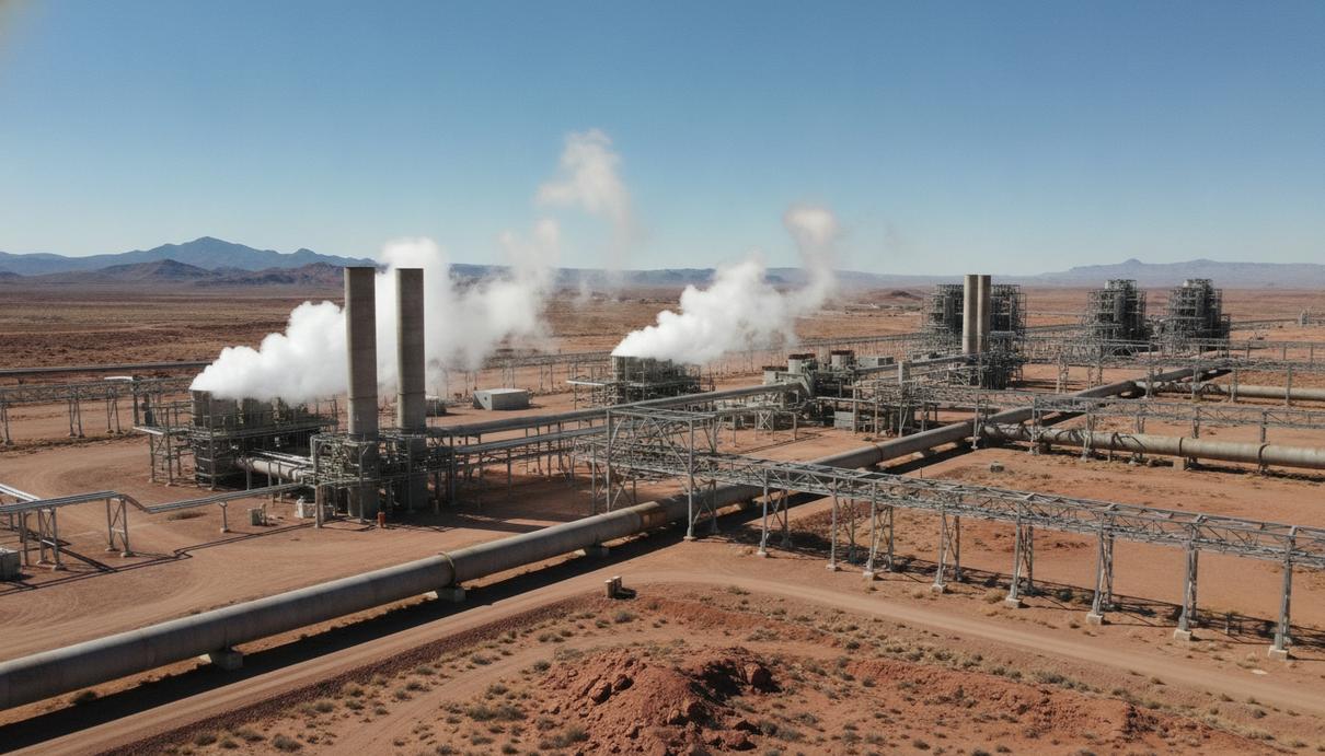 Fervo Energy запустила первую коммерческую геотермальную станцию в Юте Современная геотермальная электростанция с металлическими трубами и промышленными конструкциями на фоне пустынного пейзажа.