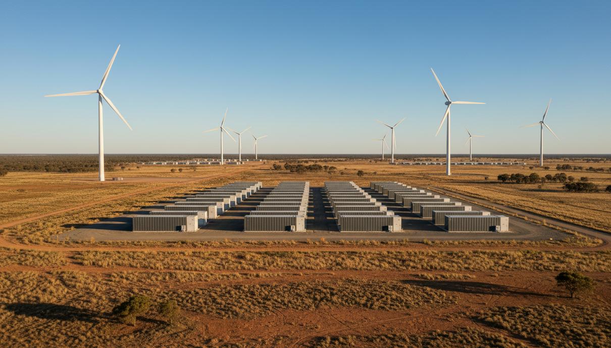Atmos Renewables профинансирует проекты в Австралии на 870 МВт Ветряные турбины и промышленные контейнеры системы накопления энергии на открытой равнине с сухой травой.