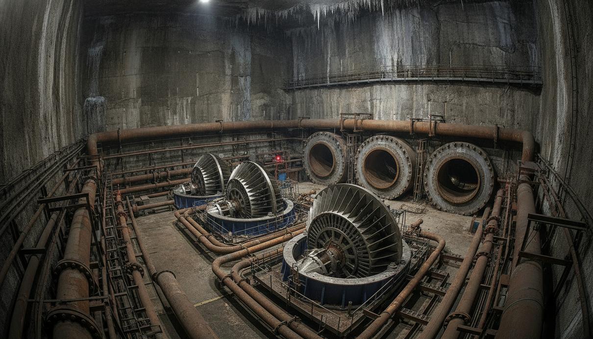 Aker Solutions увеличит мощность норвежской ГЭС Нес на 80 МВт Машинный зал гидроэлектростанции с массивными металлическими турбинами, стальными трубами и промышленными клапанами.