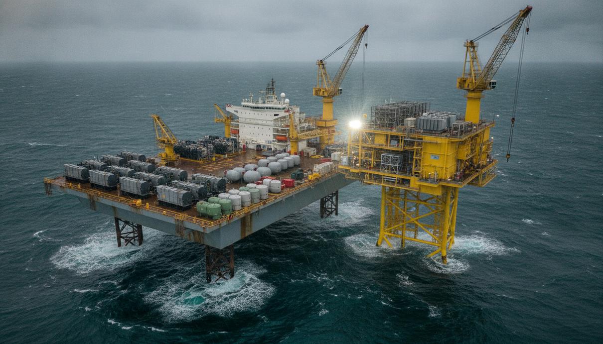 OEG поставит электрооборудование для шельфового ветропарка «Хорнси-3» Самоподъемное судно с промышленными генераторами возле желтой морской конвертерной подстанции в открытом море.