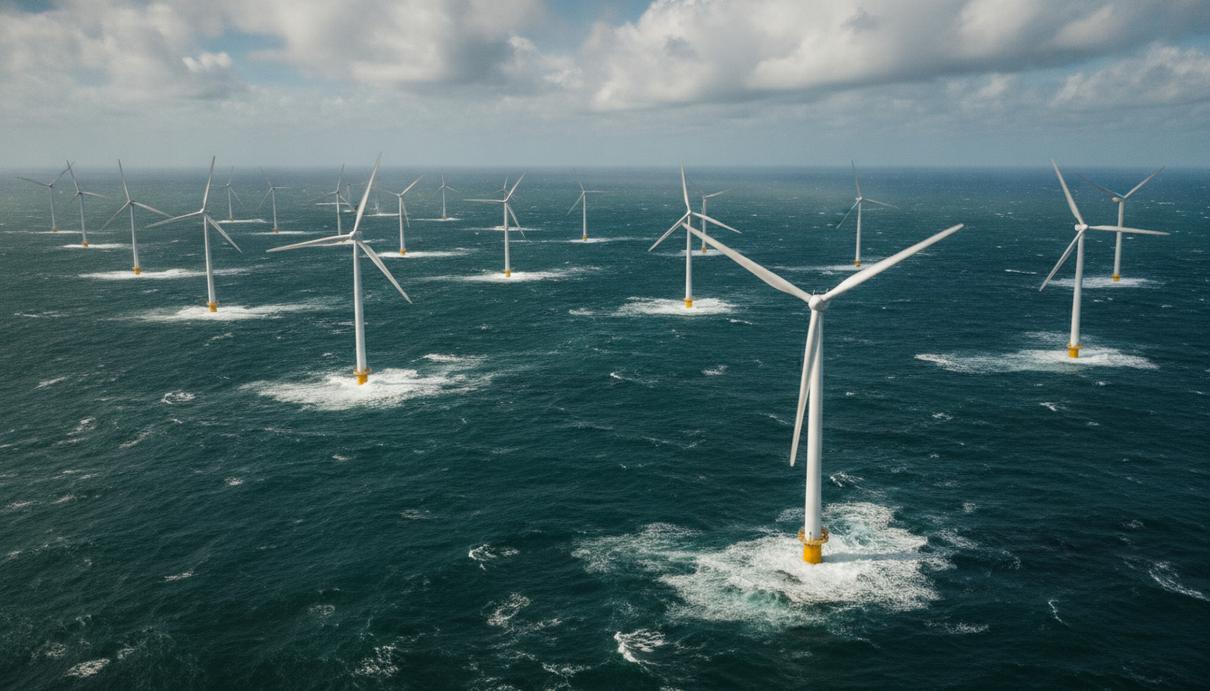 Ocean Breeze Energy купит первую офшорную ветроэлектростанцию Германии Ветровые турбины с белыми лопастями стоят в открытом море среди волн на фоне светлого облачного неба.