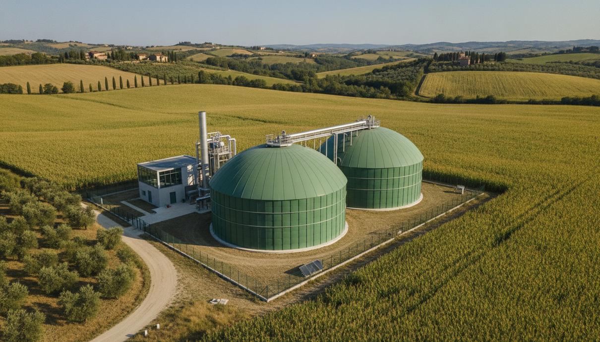 CIP профинансирует строительство двадцати биогазовых заводов в Италии Современный биогазовый завод с большими цилиндрическими резервуарами среди сельскохозяйственных полей.