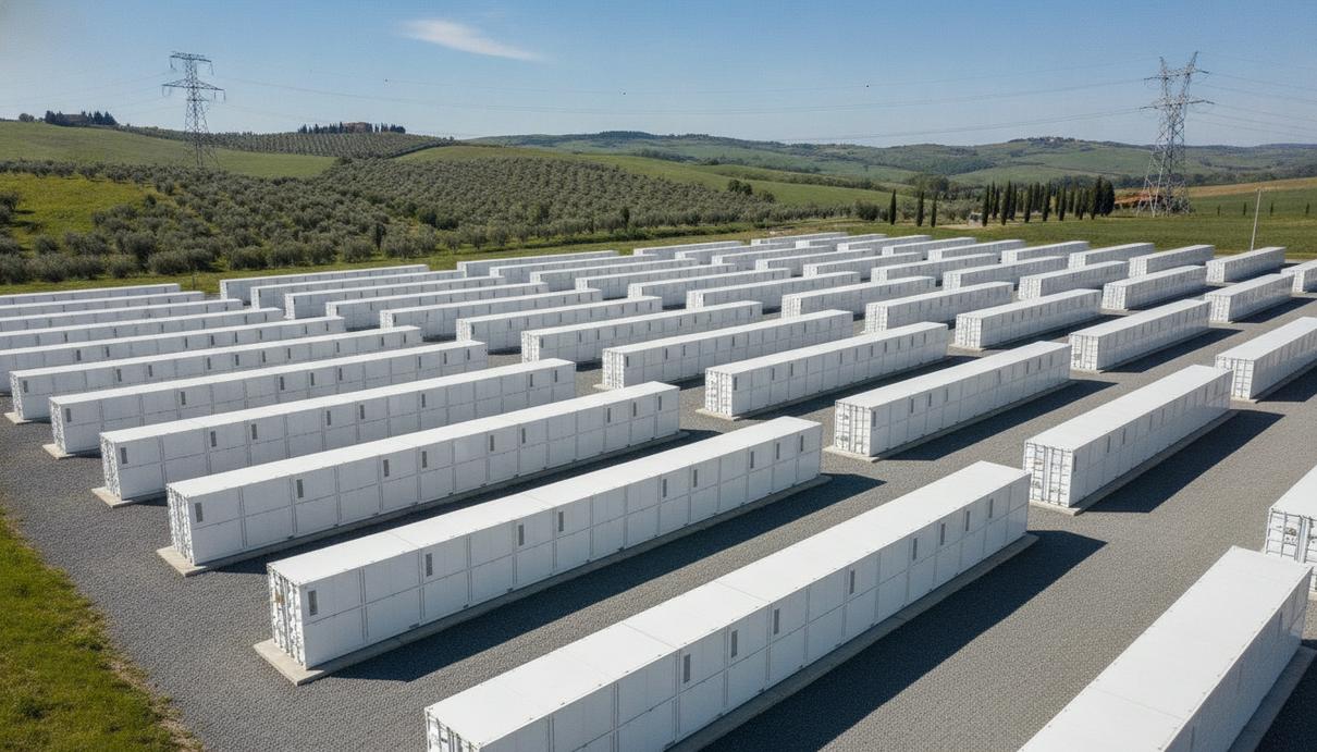 Ряды промышленных белых контейнеров системы накопления энергии на гравийной площадке на фоне зеленых холмов и ЛЭП.